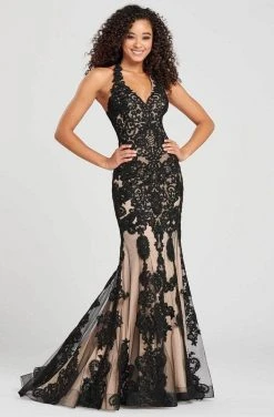Formal Gowns Colette For Mon Cheri - CL12071 Embroidered Halter Neck Mermaid Dress - 1 Pc Black/Nude In Size 6 Available