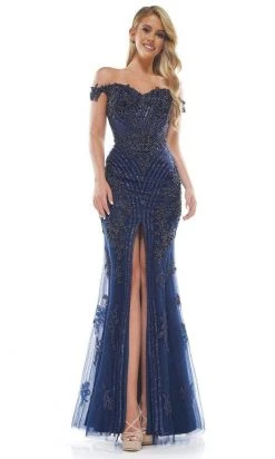 Colors Dress - Embellished Off-Shoulder High Slit Gown J131 - 1 Pc Navy In Size 0 Available Formal Gowns