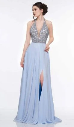 Formal Gowns Colors Dress - Floral Beaded Plunging Halter Chiffon Gown 2051