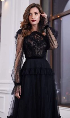 Cristallini - Embroidered Asymmetric A-Line Dress SKA935 - 1 Pc Black In Size 2XL Available Cocktail Dresses