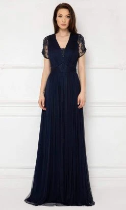 Formal Gowns Cristallini - Sheer Short Sleeves Pleated Evening Gown SKA991 - 1 Pc Navy In Size 3XL Available