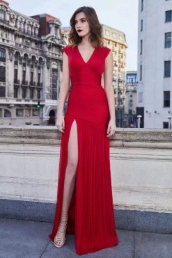 Cristallini - SKA965 V Neck High Slit Luxurious Silk Tulle Gown - 1 Pc Dark Red In Size L Available Formal Gowns