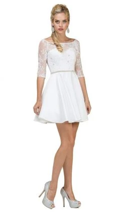 Dancing Queen - 2112 Beaded Sheer Lace Quarter Sleeve Satin Dress Cocktail Dresses
