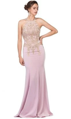 Formal Gowns Dancing Queen - 2457 Gold Applique Halter Trumpet Prom Dress
