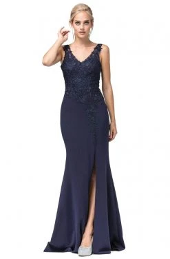 Dancing Queen - 2622 Embroidered V-Neck Dress With Slit