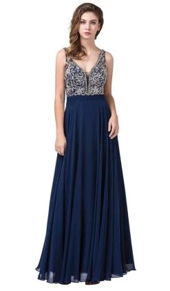 Dancing Queen - 2669 Bejeweled Sleeveless V Neck Low Scoop Back Gown Formal Gowns