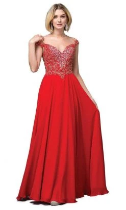 Dancing Queen - 2818 Beaded Lace Bodice Lace-Up Back Chiffon Gown