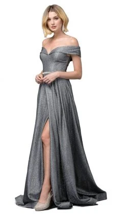 Dancing Queen - 2824 Iridescent Off Shoulder Gown With High Slit Formal Gowns