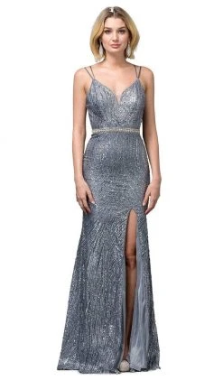 Dancing Queen - 2826 Glitter Plunging V Neck Gown With Slit