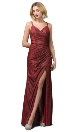 Formal Gowns Dancing Queen - 2875 Pleated Surplice High Slit Metallic Dress