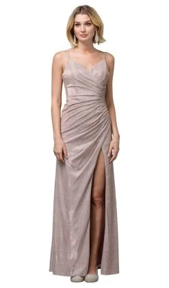 Formal Gowns Dancing Queen - 2875 Pleated Surplice High Slit Metallic Dress