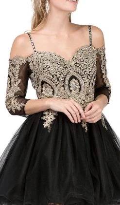 Dancing Queen - 3001 Cold Shoulder Gold Lace Applique Cocktail Dress