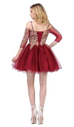 Dancing Queen - 3001 Cold Shoulder Gold Lace Applique Cocktail Dress