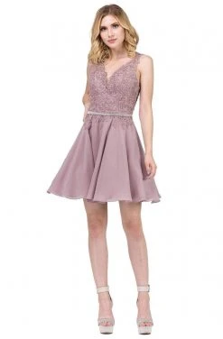 Dancing Queen - 3011 Plunging V-Neck Lace Bodice Homecoming Dress Cocktail Dresses