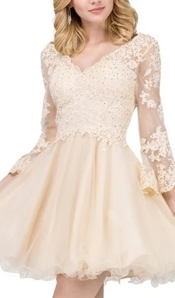 Dancing Queen - 3015 Beaded Lace Long Sleeve A-line Homecoming Dress