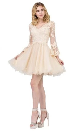 Dancing Queen - 3015 Beaded Lace Long Sleeve A-line Homecoming Dress