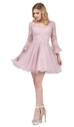 Dancing Queen - 3015 Beaded Lace Long Sleeve A-line Homecoming Dress 16 Dancing Queen - 3015 Beaded Lace Long Sleeve A-line Homecoming Dress