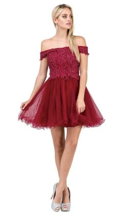 Dancing Queen - 3018 Embellished Off-Shoulder A-line Homecoming Dress