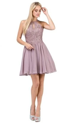 Dancing Queen - 3043 Beaded Lace Halter Homecoming Dress