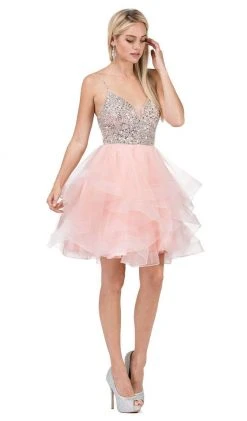 Dancing Queen - 3050 Bejeweled V-neck Tiered A-line Homecoming Dress