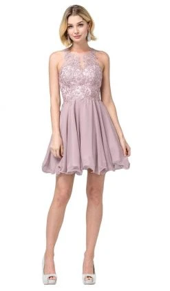 Dancing Queen - 3054 Embroidered Halter Neck A-line Dress Cocktail Dresses