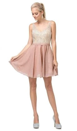 Cocktail Dresses Dancing Queen - 3130 Sleeveless V Neck Beaded Top A-Line Dress