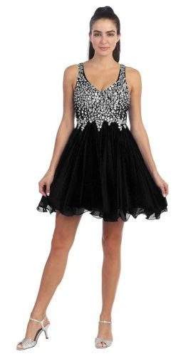 Dancing Queen 8997 Crystal Beaded V-Neck Chiffon A-Line Dress - 1 Pc Black In Size 3XL Available Cocktail Dresses