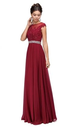 Formal Gowns Dancing Queen - 9400 Illusion Neckline Beaded Belt A-Line Dress