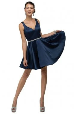 Dancing Queen - 9504 Jeweled Waistband Sweetheart Neck Satin A-line Cocktail Dress - 1 Pc Navy In Size L Available