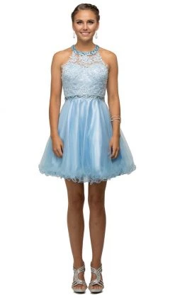 Dancing Queen - 9534 Bejeweled Collar Halter Lace A-Line Homecoming Dress Cocktail Dresses