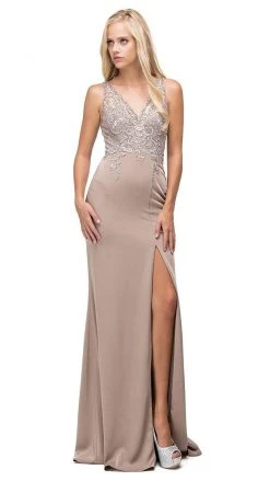 Formal Gowns Dancing Queen - 9704 Cutout Illusion Back Beaded Bodice Evening Dress - 1 Pc. Tan In Size Medium Available