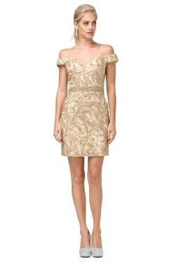 Dancing Queen - Embellished Deep Off-Shoulder Sheath Dress 3218 - 1 Pc Gold In Size S Available