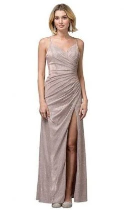 Formal Gowns Dancing Queen - Pleated Surplice High Slit Metallic Dress 2875 - 1 Pc Rose Gold In Size M Available