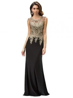 Dancing Queen - Sheer Cap Sleeves Gold Tone Lace Applique Gown 9173 - 1 Pc. Nude In Size Medium Available