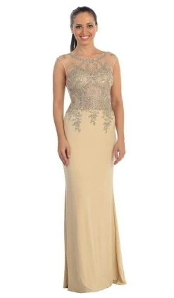 Dancing Queen - Sheer Cap Sleeves Gold Tone Lace Applique Gown 9173 - 1 Pc. Nude In Size Medium Available