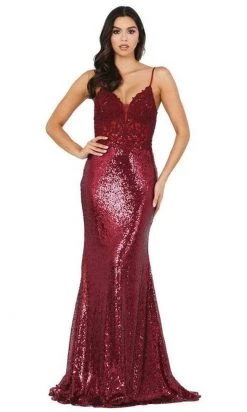 Dancing Queen - Spaghetti Straps Sequin Long Gown 4066 - 1 Pc Burgundy In Size L Available Formal Gowns