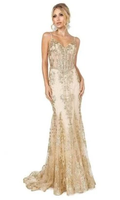 Formal Gowns Dancing Queen - Spaghetti Straps Sequin Long Gown 4118 - 2 Pcs Gold In Sizes Small And Medium Available