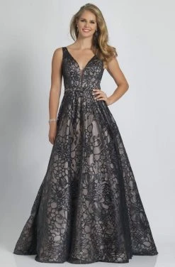 Dave & Johnny - Deep V-Neck Embroidered Gown A9385W - 1 Pc Black In Size 16W Available Formal Gowns