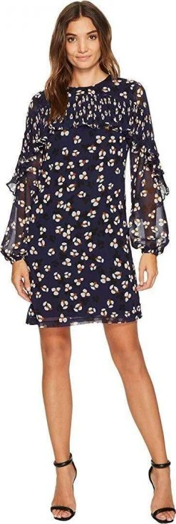 Cocktail Dresses Donna Morgan - D5513M Ruffle Long Sleeves Printed Chiffon Shift Dress