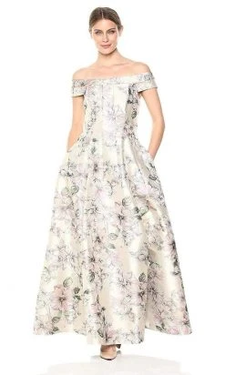 Long Dresses Eliza J Evening - Floral Printed Off-Shoulder A-line Dress EJ8M8107 - 1 Pc Blush In Size 12 Available