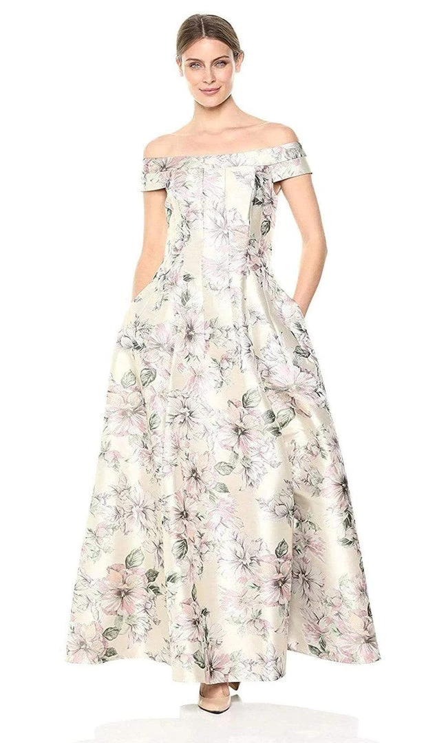 Long Dresses Eliza J Evening - Floral Printed Off-Shoulder A-line Dress EJ8M8107 - 1 Pc Blush In Size 12 Available 3 Long Dresses Eliza J Evening - Floral Printed Off-Shoulder A-line Dress EJ8M8107 - 1 Pc Blush In Size 12 Available