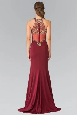 Formal Gowns Elizabeth K - Bead Embellished Halter Sheer Back Evening Gown GL2328 - 1 Pc Burgundy In Size XS Available