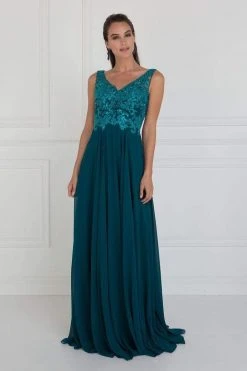 Elizabeth K - Bead Embroidered A-Line Evening Gown GL1567 - 1 Pc Teal In Size S Available