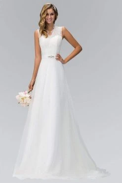 Formal Gowns Elizabeth K Bridal - GL1416 Sleeveless Fringed Lace Bodice A-Line Wedding Gown