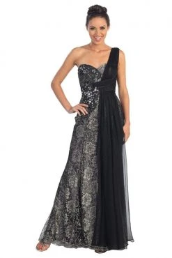 Elizabeth K - GL1000 One Shoulder Lace Dress With Chiffon Overlay Formal Gowns
