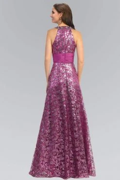 Formal Gowns Elizabeth K - GL1064 Metallic Lace Halter A-Line Gown