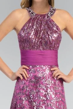 Formal Gowns Elizabeth K - GL1064 Metallic Lace Halter A-Line Gown