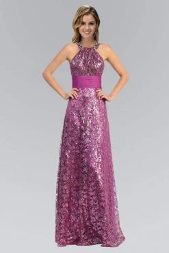 Formal Gowns Elizabeth K - GL1064 Metallic Lace Halter A-Line Gown