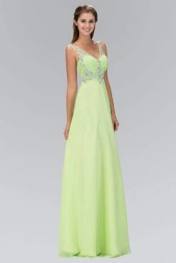 Elizabeth K - GL1073 Adorned V-Neck Illusion A-Line Gown Formal Gowns
