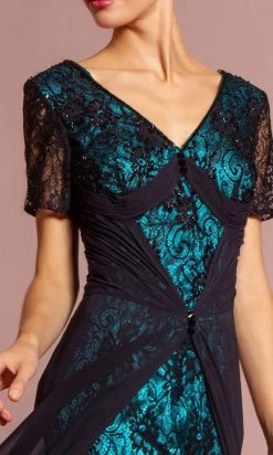 Elizabeth K - GL1081 Lace Embellished Short Sleeve V-neck Dress 10 Elizabeth K - GL1081 Lace Embellished Short Sleeve V-neck Dress